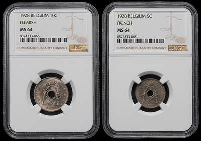 修遠堂世界钱币第九十六期 - NGC评级 1928年比利时5，10分各一枚
