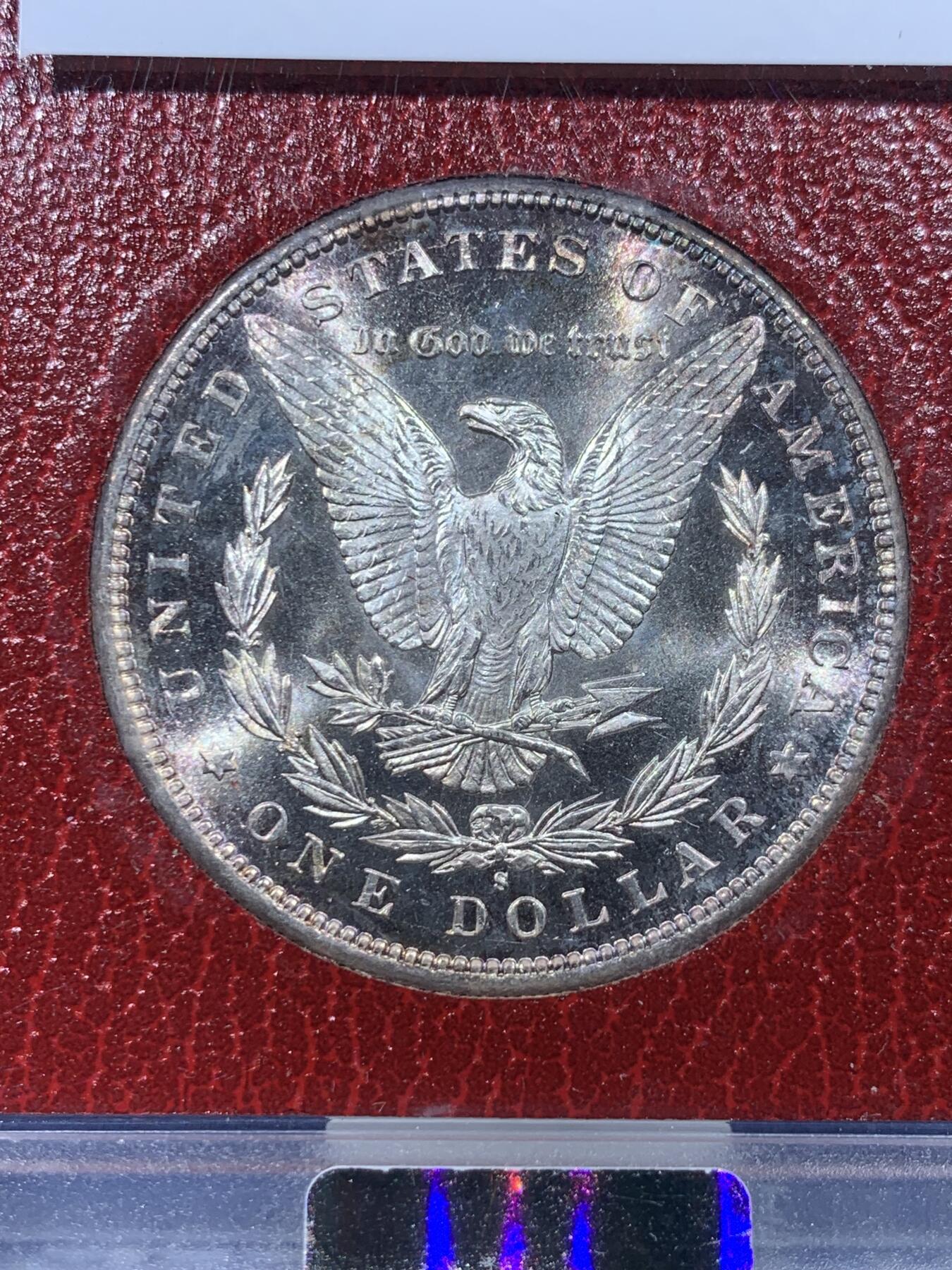 《竞宝斋》第444场 周日，周一，2场连拍 （全场包邮） NGC MS64 美国1897年S版 摩根1美元 银币，正宗“Redfield派拉蒙”集藏原盒，国内极其少见，五彩包浆、超强转光、优秀底板状态一个不漏。