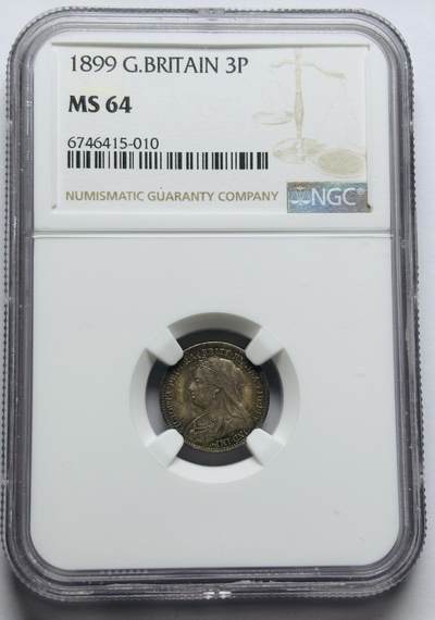 文馨钱币收藏第 283 场，【大雪鉴珍，寒英缀金】金银纪念币精品场，诚邀您的参与【长期接代拍品】 - 1899 年英国维多利亚女王 3 便士银币，NGC 评级 MS64 分，经典老包浆泛彩，入眼舒服