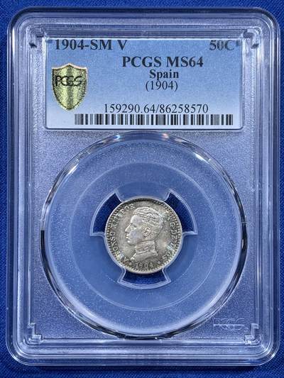 《竞宝斋》第444场 周日，周一，2场连拍 （全场包邮） - PCGS MS64 西班牙 1904年 50分 小银币 孔雀蓝包浆 季军分 非常舒服