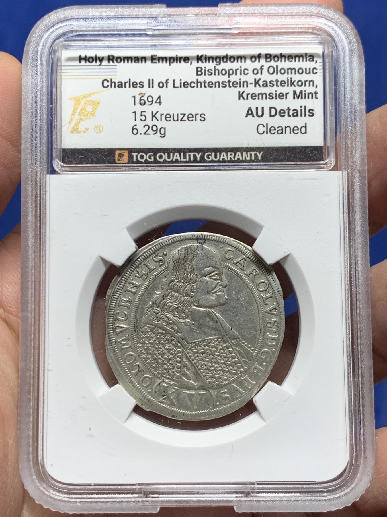 《竞宝斋》第444场 周日，周一，2场连拍 （全场包邮） TQG AUD 神圣罗马帝国 波希米亚王国奥洛穆茨主教区 1694年 15克鲁泽打制银币 细节较好 稀缺品种