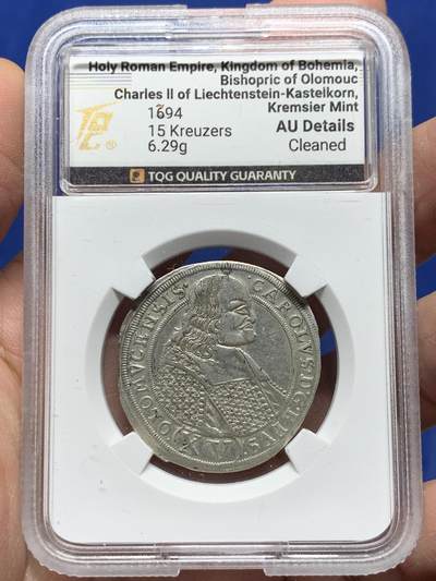 《竞宝斋》第444场 周日，周一，2场连拍 （全场包邮） - TQG AUD 神圣罗马帝国 波希米亚王国奥洛穆茨主教区 1694年 15克鲁泽打制银币 细节较好 稀缺品种