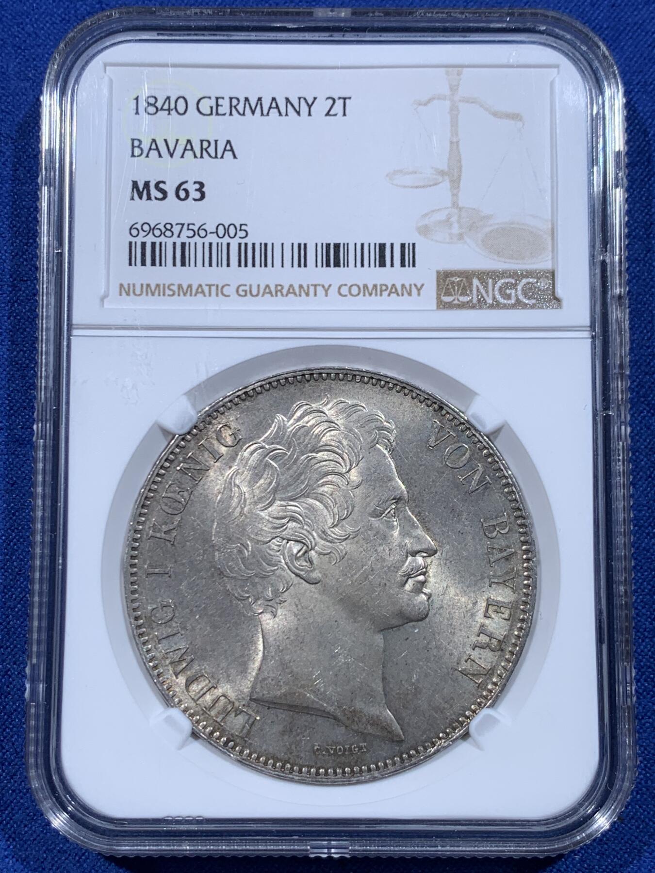 《竞宝斋》第444场 周日，周一，2场连拍 （全场包邮） NGC MS63 德国 1840年 巴伐利亚 路德维希一世 2泰勒 大银币 37克大规格 转光细节都极好 更高分只有3枚