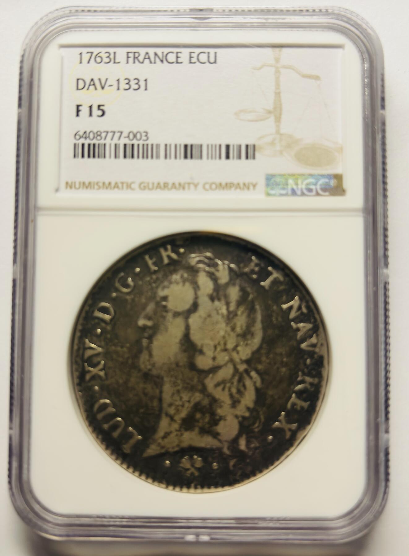 文馨钱币收藏第 283 场，【大雪鉴珍，寒英缀金】金银纪念币精品场，诚邀您的参与【长期接代拍品】 1763 年法国路易十五 1 埃居大银币 NGC 评级 F15，纵观历史都知道路易十五是一个比较荒*无道的国王，手里有一枚它的货币也是很不错的