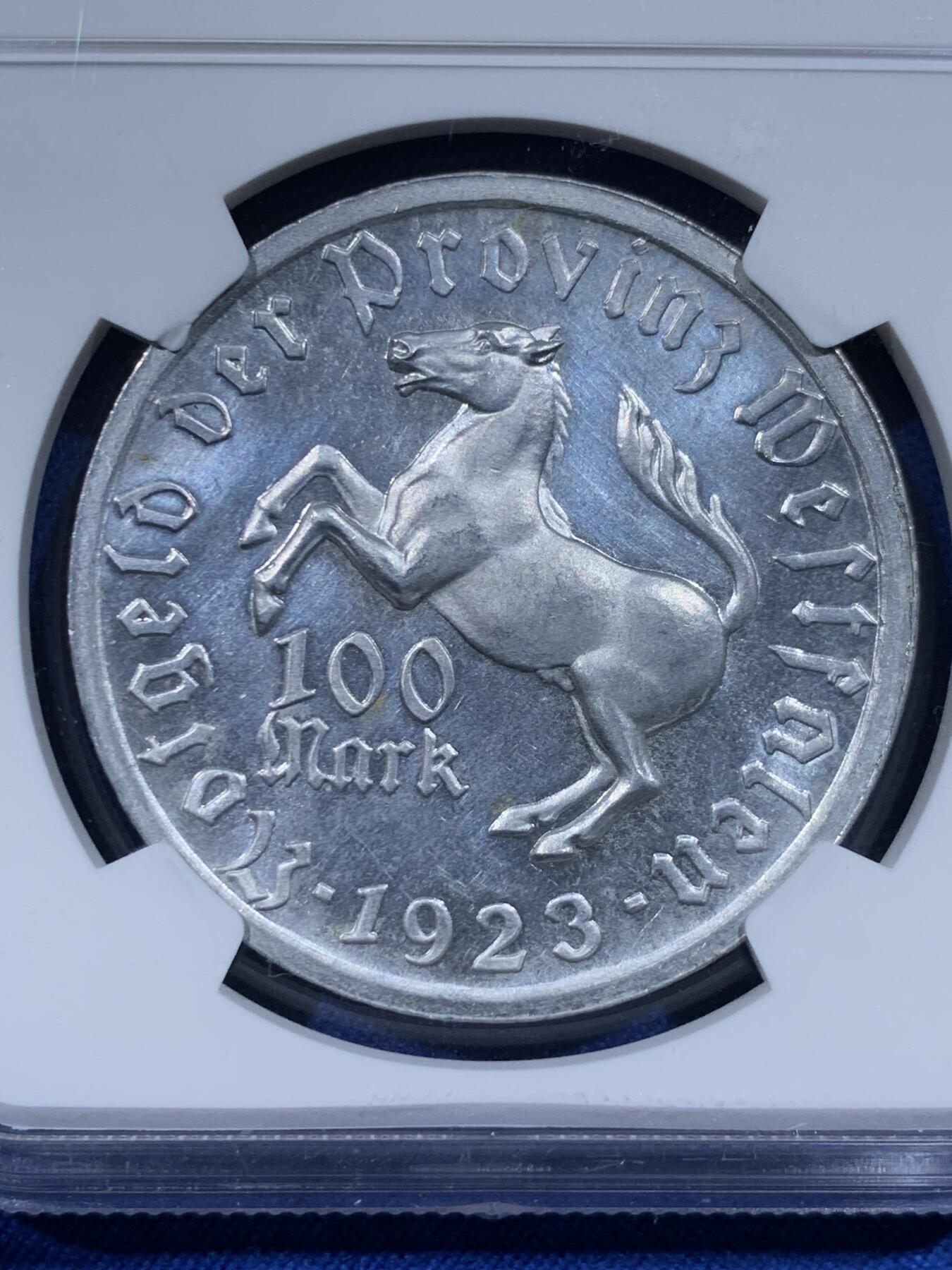 《竞宝斋》第444场 周日，周一，2场连拍 （全场包邮） NGC UNCD 德国1923年威斯特法轮100马克大铝币，状态非常好的一枚