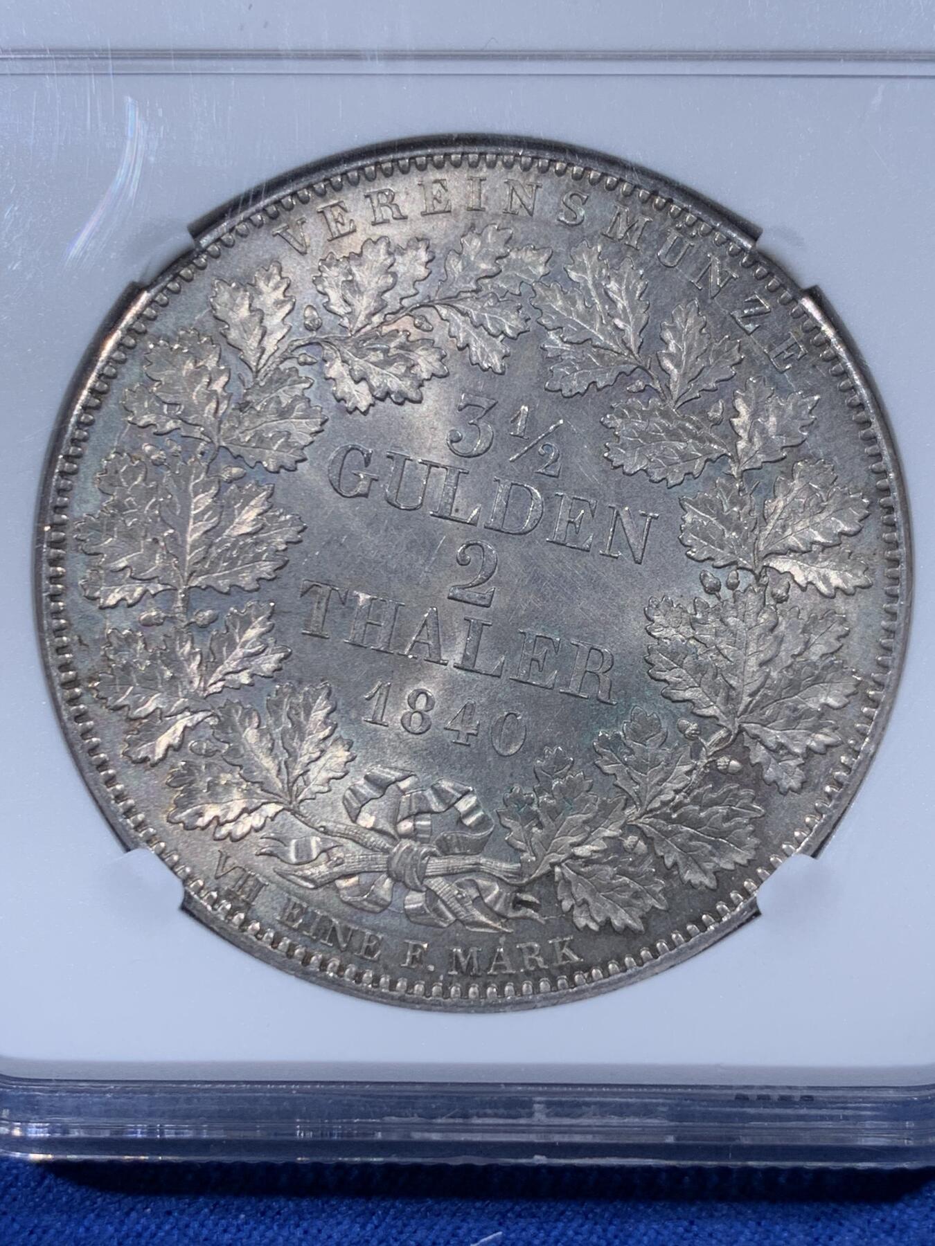 《竞宝斋》第444场 周日，周一，2场连拍 （全场包邮） NGC MS63 德国 1840年 巴伐利亚 路德维希一世 2泰勒 大银币 37克大规格 转光细节都极好 更高分只有3枚