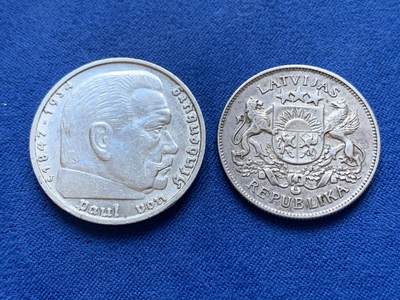 《竞宝斋》第444场 周日，周一，2场连拍 （全场包邮） - 两枚一组 德国1935年5马克银币+拉脱维亚1926年2拉特银币 美品