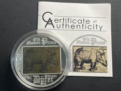 ❤️【币观天下】❤️ 第333期钱币拍卖- 2025.12.5周五晚上6点半场-长期征集拍品 - 带证书（出厂无外包装盒）库克2013年名作《丢勒的犀牛》镶嵌铜版蚀刻画精制银币925银重20克直径38.61毫米发行量2500枚