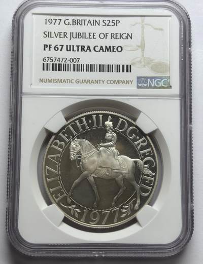 文馨钱币收藏第 283 场，【大雪鉴珍，寒英缀金】金银纪念币精品场，诚邀您的参与【长期接代拍品】 - 1977 年英国女王登基 25 周年 25 便士精制大银币，28.28 克 925高银   NGC 评级 PF67 高分