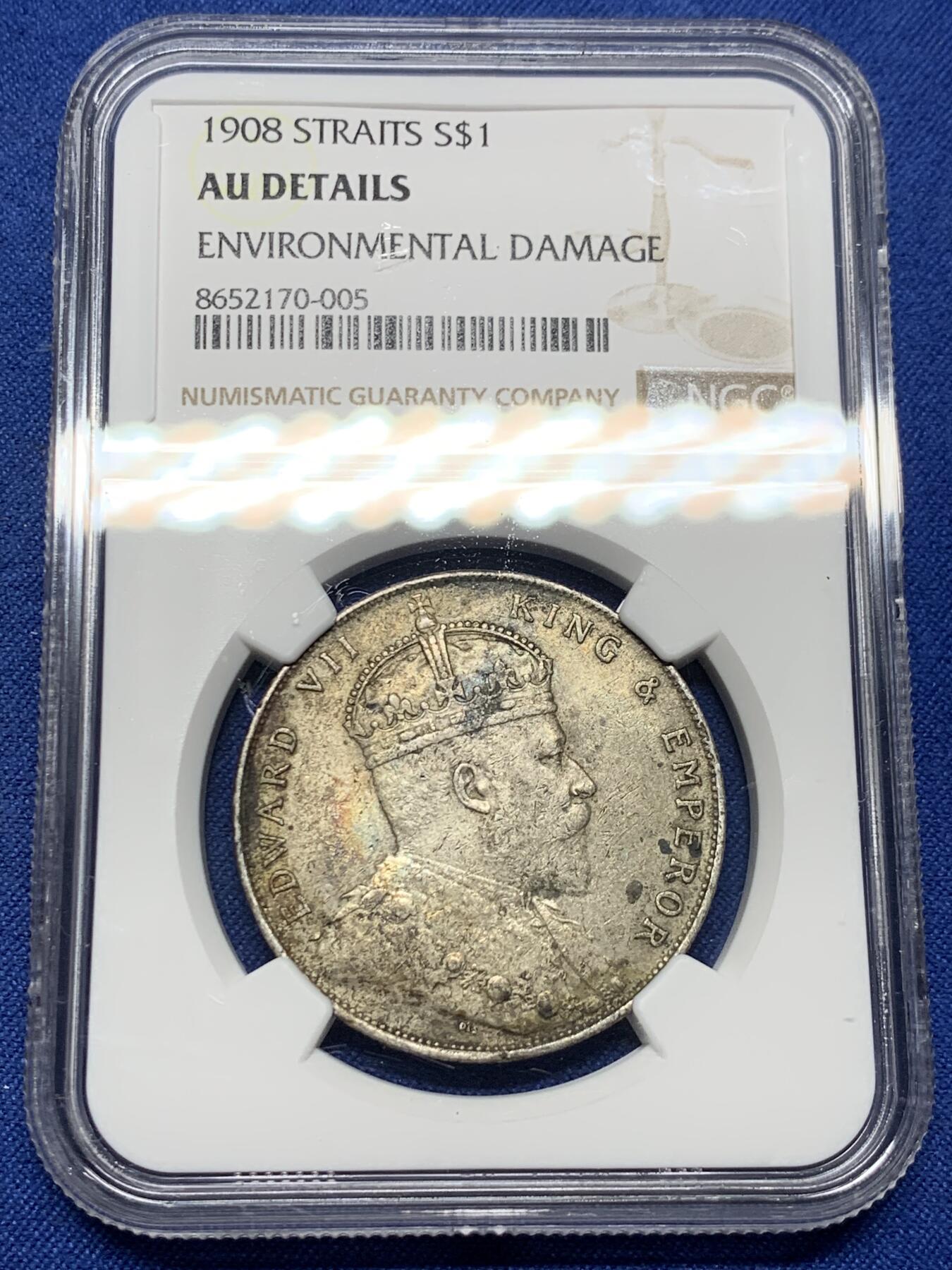 《竞宝斋》第444场 周日，周一，2场连拍 （全场包邮） NGC AUD 英属海峡1908年爱德华七世一元银币