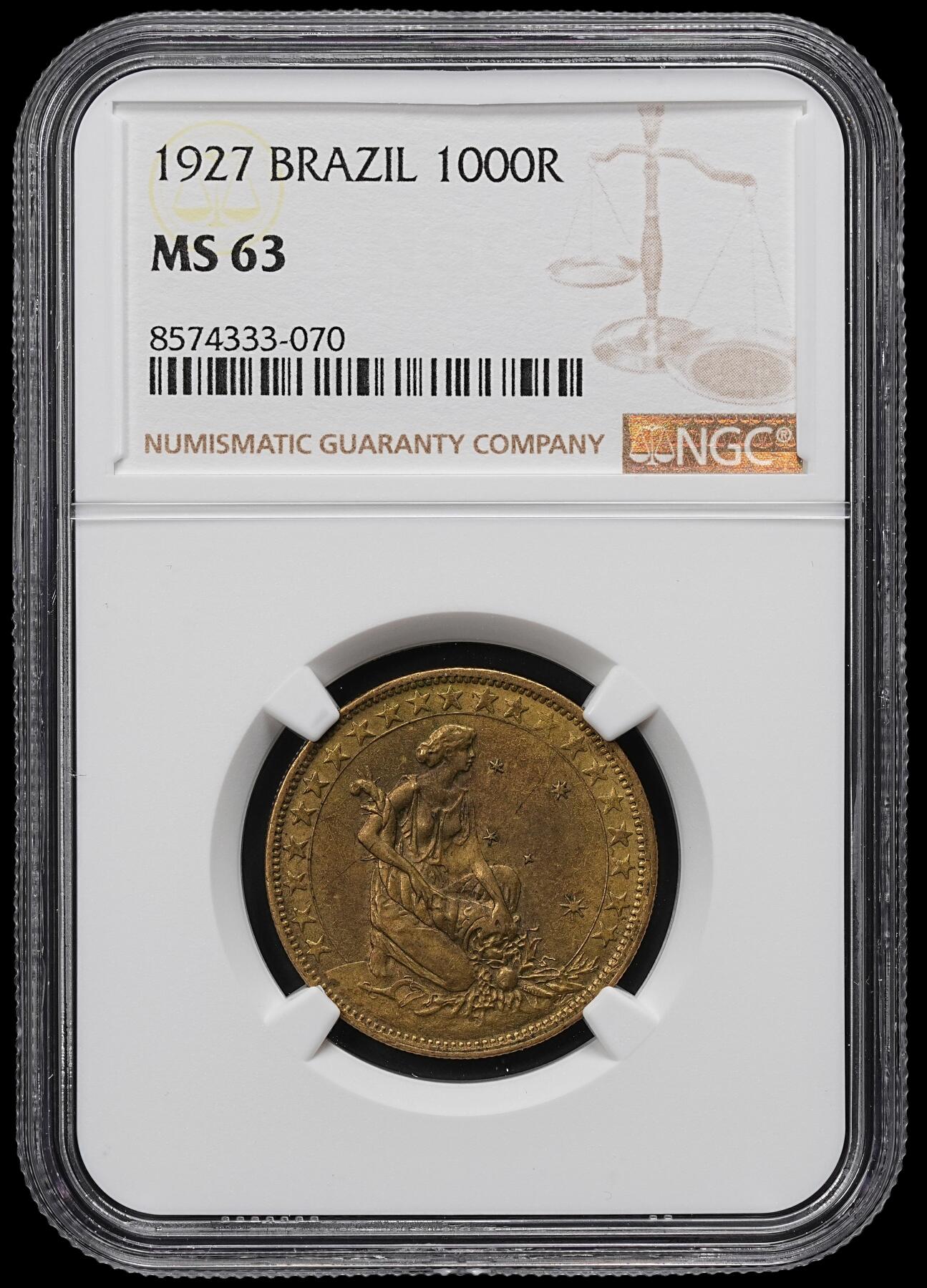 修遠堂世界钱币第九十六期 NGC MS63 1927年巴西1000 REIS
