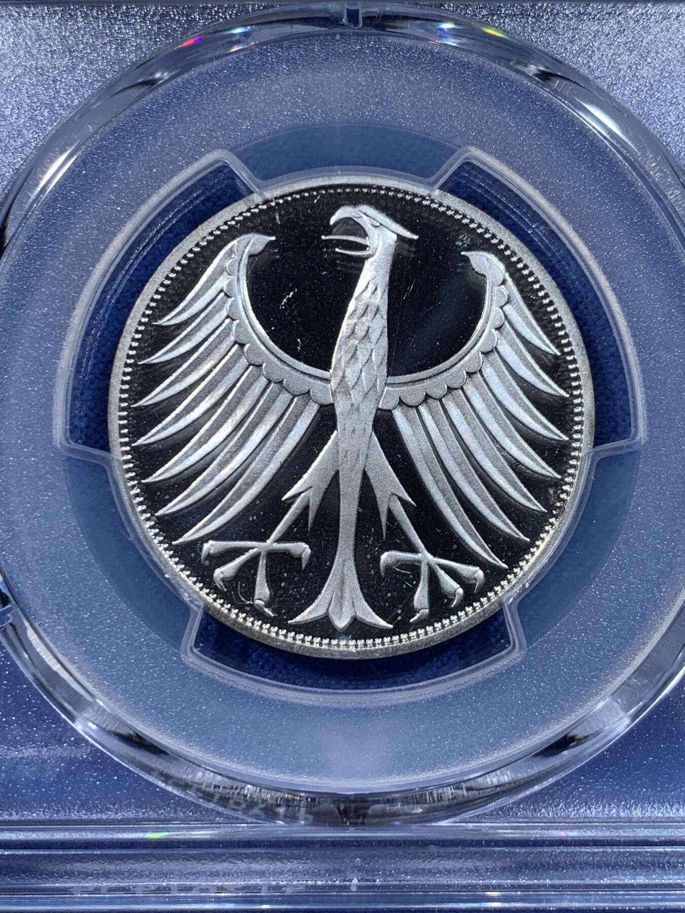 《竞宝斋》第444场 周日，周一，2场连拍 （全场包邮） 亚军分 PCGS RP68DCAM 德国 1972年 无毛鹰 流通5马克 精制银币 少见品种