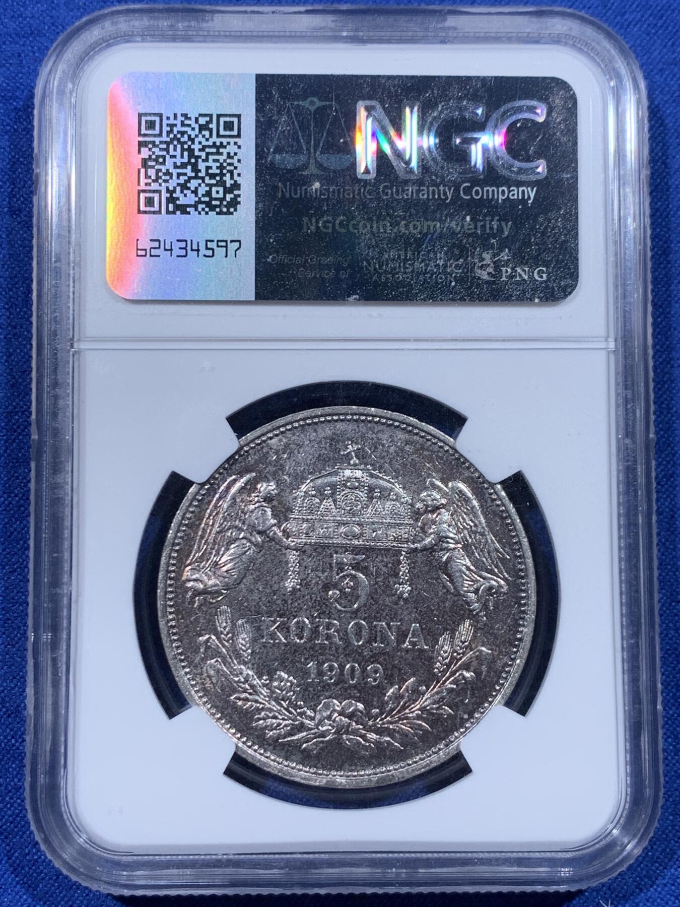 《竞宝斋》第444场 周日，周一，2场连拍 （全场包邮） NGC PF58 匈牙利1909年奥匈帝国弗兰茨5克朗双天使精制银币，后铸版，原汁原味老包浆，包浆醇厚，状态极佳。