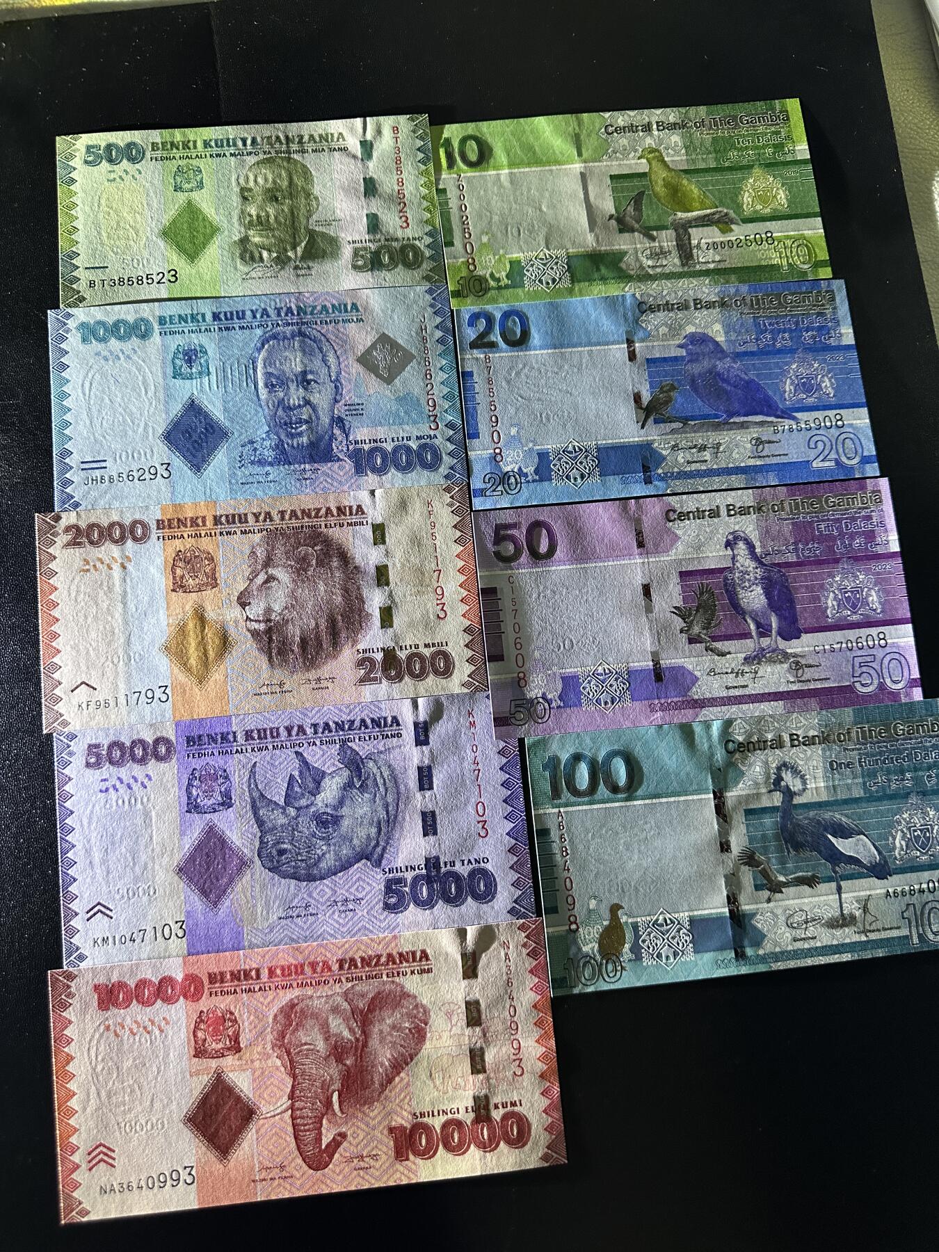 《外钞收藏家》第五百九十期（欧洲强钞、港币、硬通货及丰富裸币大拍场）（本平台长期征集拍品、欢迎藏友们联系合作） 坦桑尼亚和冈比亚2套一起 全新UNC 分别是尾3和尾8
