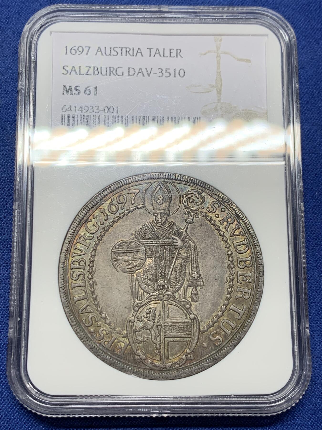 《竞宝斋》第444场 周日，周一，2场连拍 （全场包邮） NGC MS61 神罗萨尔茨堡1697年1泰勒银币，正面鲁伯特像，背面圣母抱婴，双面彩包浆，有点低评