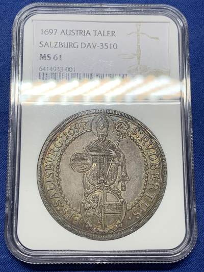 《竞宝斋》第444场 周日，周一，2场连拍 （全场包邮） - NGC MS61 神罗萨尔茨堡1697年1泰勒银币，正面鲁伯特像，背面圣母抱婴，双面彩包浆，有点低评