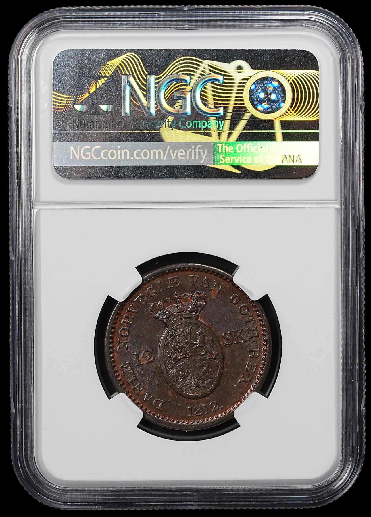 修遠堂世界钱币第九十六期 NGC MS63BN 1812年丹麦12 SKILLING铜币 打在1771年1 SKILLING铜币上