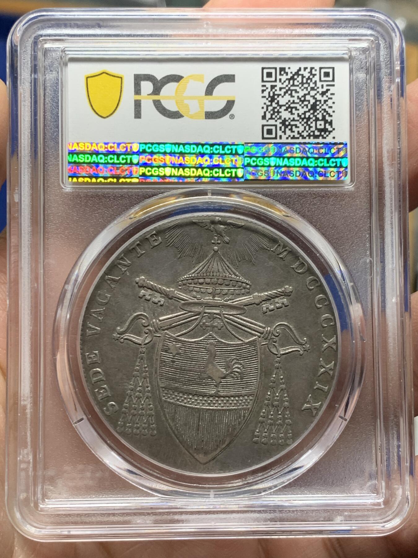 《竞宝斋》第444场 周日，周一，2场连拍 （全场包邮） PCGS XF45 梵蒂冈 教皇国 1829年 教皇缺位 1斯库多 大银币 人像清晰 这个状态在同期教皇国大银币中少见