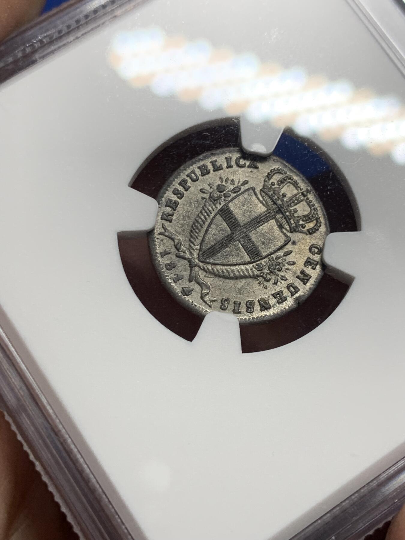 《竞宝斋》第444场 周日，周一，2场连拍 （全场包邮） NGC MS63 意大利热那亚 1814年 2索尔银币 正面圣母图案 背面热那亚徽章 细节极美包浆好 稀缺品种