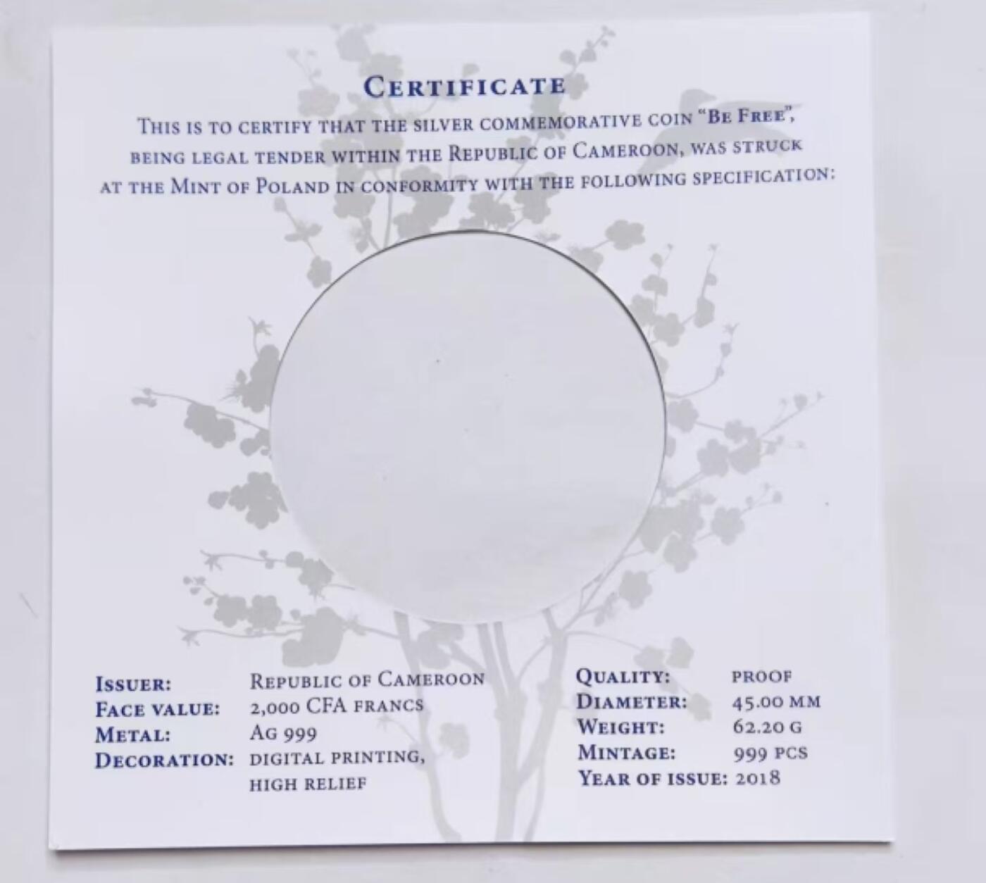 ❤️【币观天下】❤️ 第333期钱币拍卖- 2025.12.5周五晚上6点半场-长期征集拍品 喀麦隆2018年, 摩西·达扬 至理名言-“自由是灵魂的氧气”, 2盎司,高浮雕,正反全景自由女神,3D激光磨砂,彩虹彩色,精制银币. 盒证全. 漂亮超高颜值！国外售价295欧元