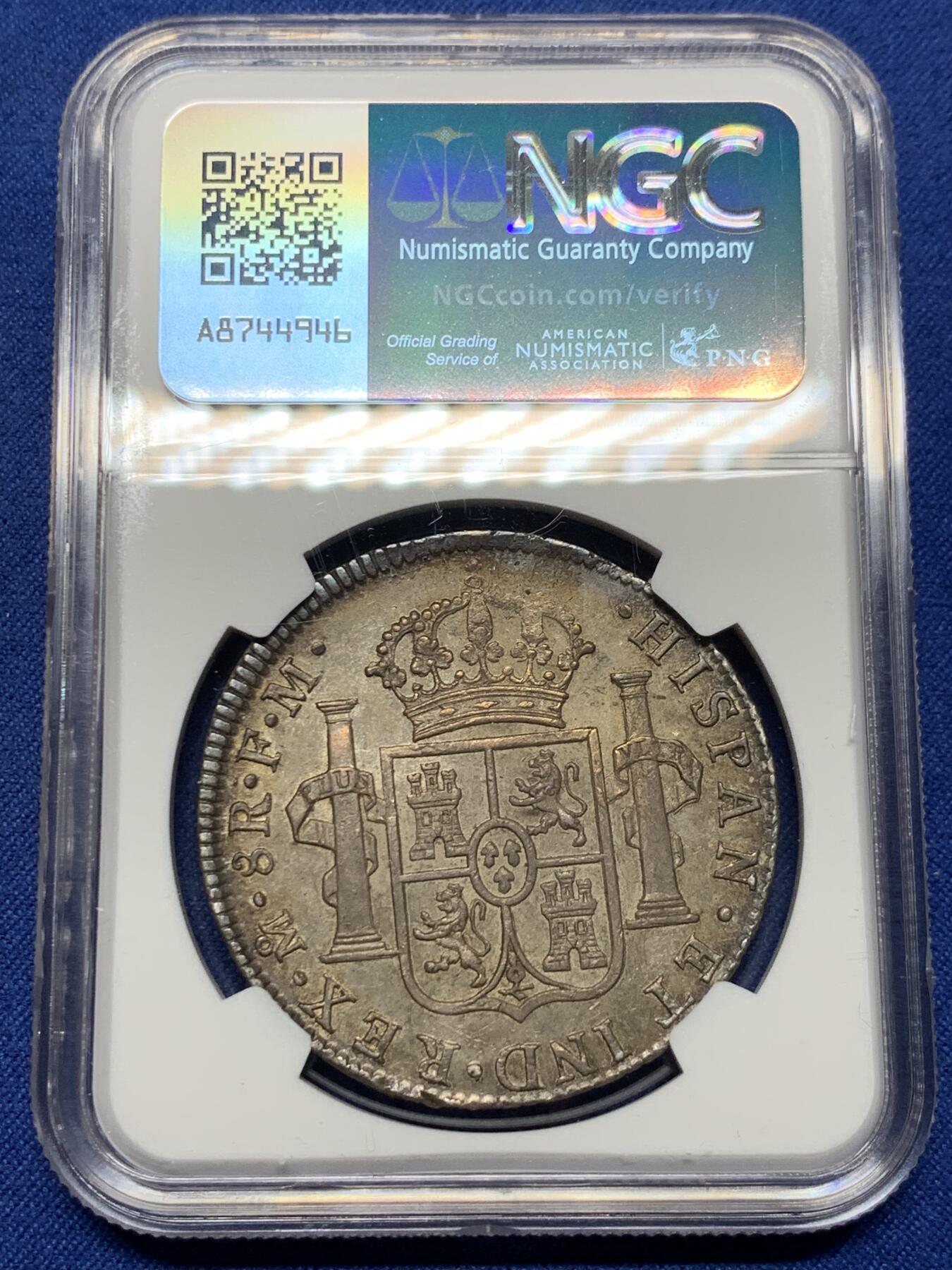 《竞宝斋》第444场 周日，周一，2场连拍 （全场包邮） NGC UNCD 墨西哥 1800年 卡洛斯四世 8里亚尔大银币 酱彩老包浆 币面压力十足 全深打 细节好