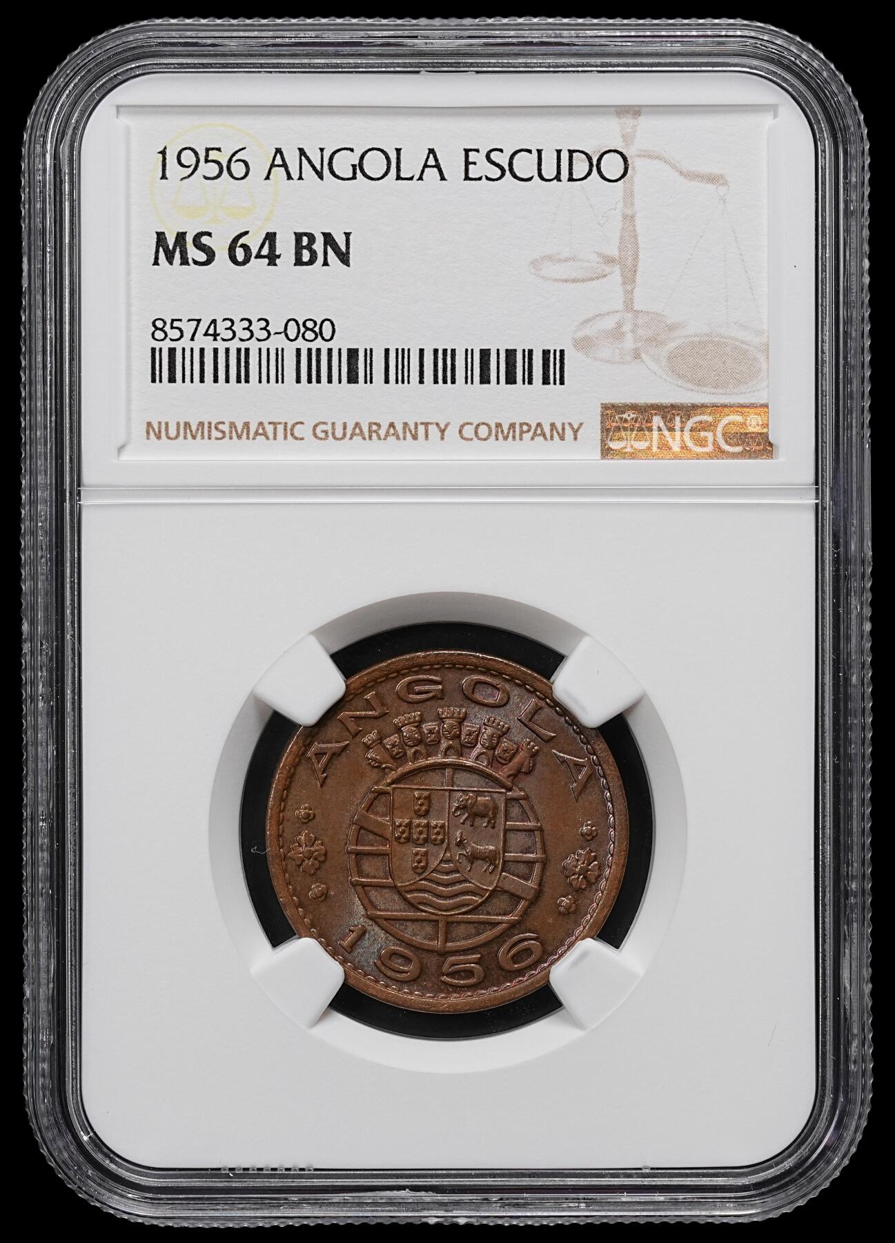 修遠堂世界钱币第九十六期 NGC MS64BN 1956年葡属安哥拉1埃斯库多铜币