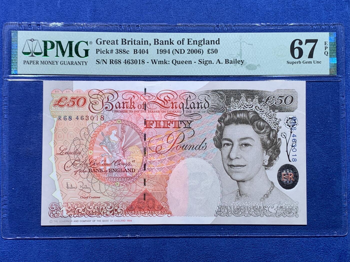 《竞宝斋》第444场 周日，周一，2场连拍 （全场包邮） PMG 67EPQ 英国E序列 1994年50镑 女王钞 高分