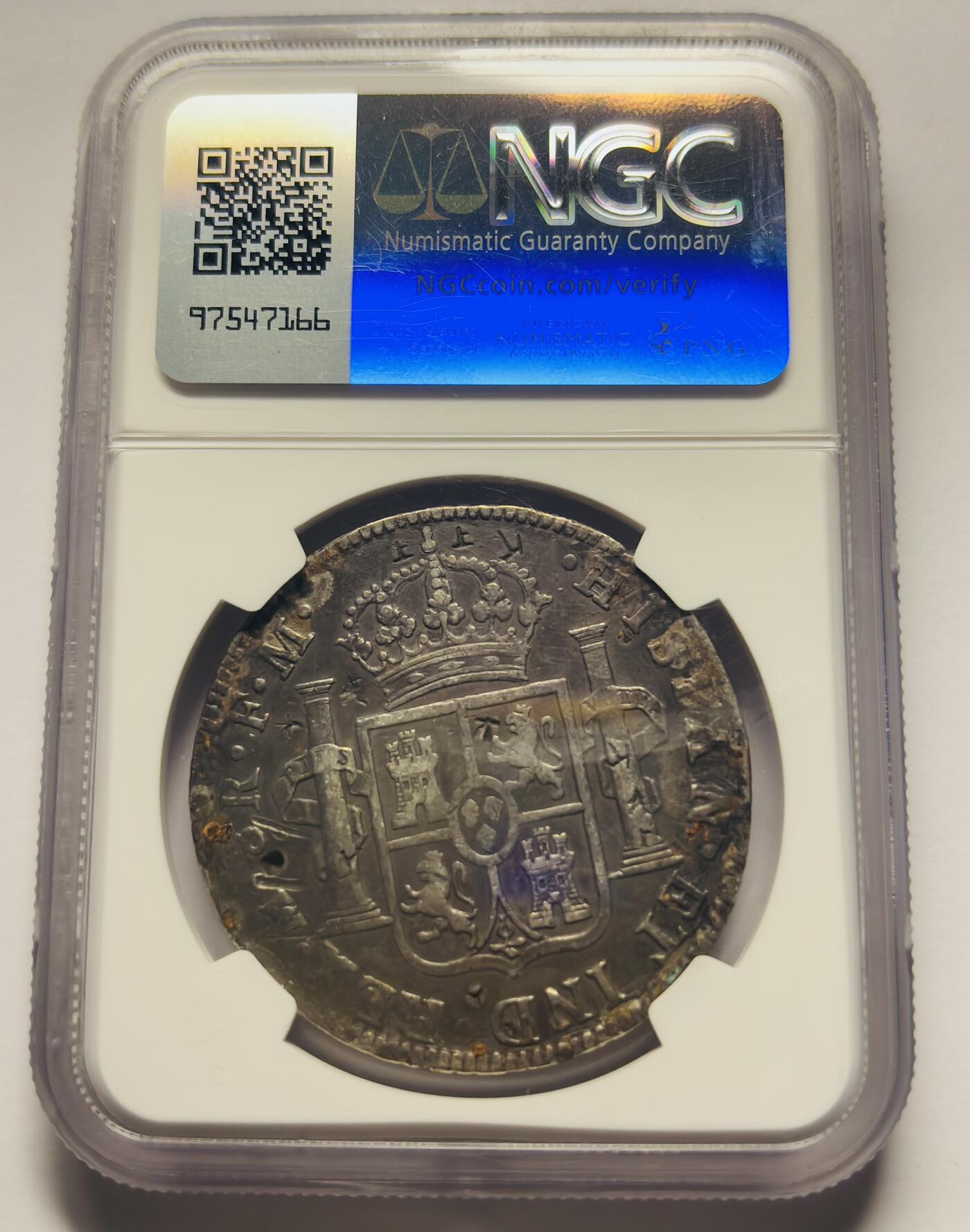 文馨钱币收藏第 283 场，【大雪鉴珍，寒英缀金】金银纪念币精品场，诚邀您的参与【长期接代拍品】 1797 年西属墨西哥 8 里亚尔大银币，NGC评级，有加盖戳记，说明了当时货币交易流通频繁的历史荣光
