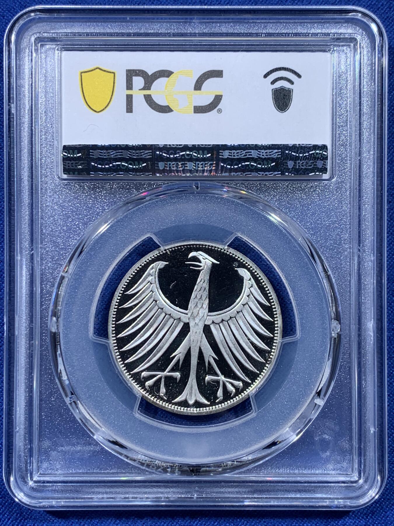 《竞宝斋》第444场 周日，周一，2场连拍 （全场包邮） 亚军分 PCGS RP68DCAM 德国 1972年 无毛鹰 流通5马克 精制银币 少见品种