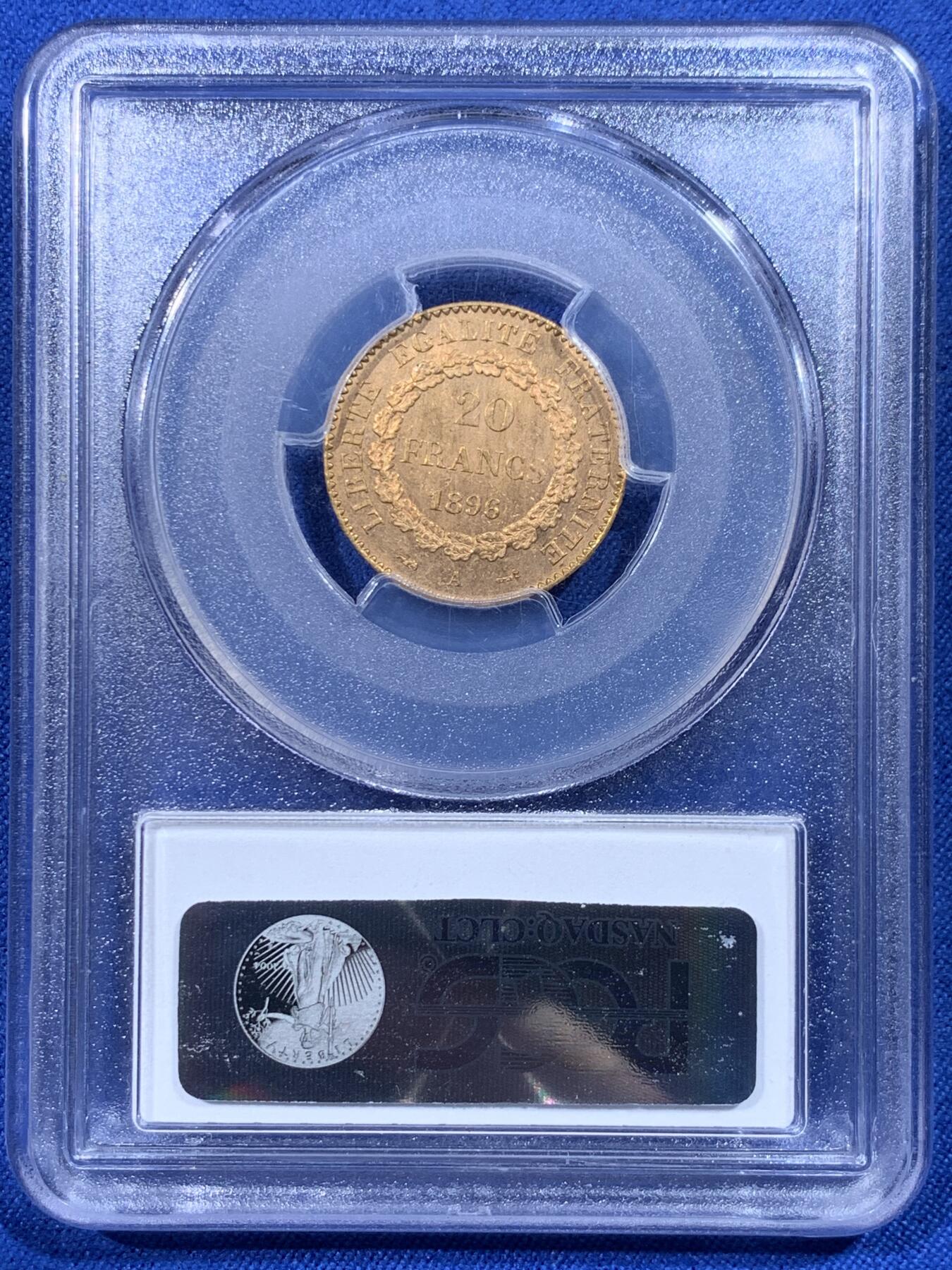 《竞宝斋》第444场 周日，周一，2场连拍 （全场包邮） PCGS MS63 法国1896年天使宪法20法郎金币 900金 6.45克