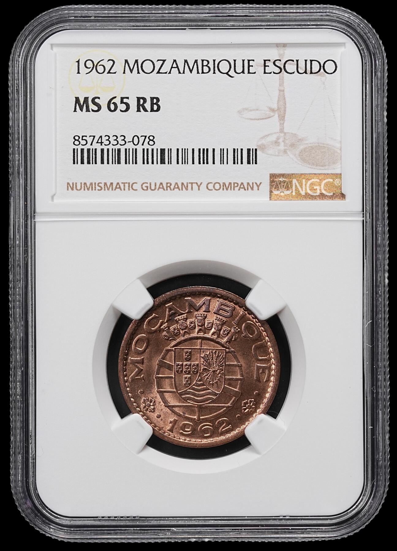 修遠堂世界钱币第九十六期 NGC MS65RB 1962年葡属莫桑比克1埃斯库多铜币 少见的年份