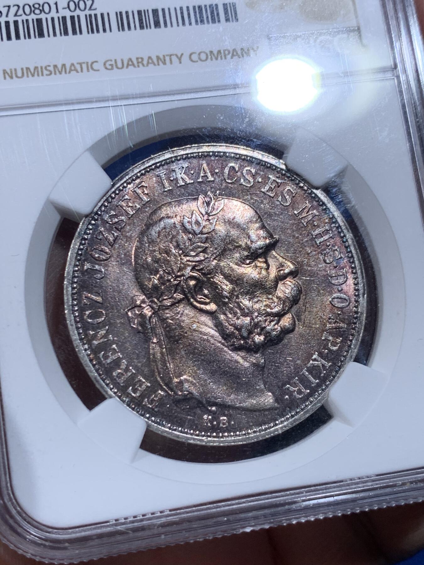 《竞宝斋》第444场 周日，周一，2场连拍 （全场包邮） NGC PF58 匈牙利1909年奥匈帝国弗兰茨5克朗双天使精制银币，后铸版，原汁原味老包浆，包浆醇厚，状态极佳。