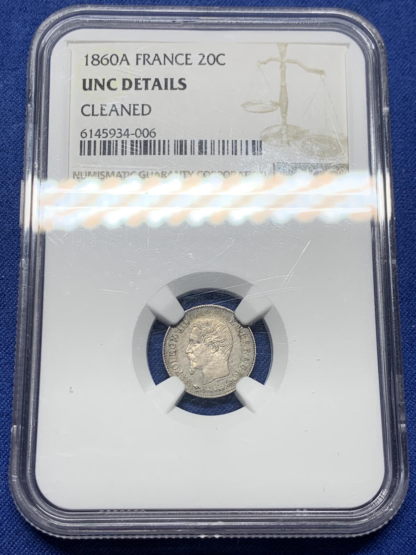 《竞宝斋》第444场 周日，周一，2场连拍 （全场包邮） NGC UNC 法国1860年拿破仑三世20分银币，好品小币种。