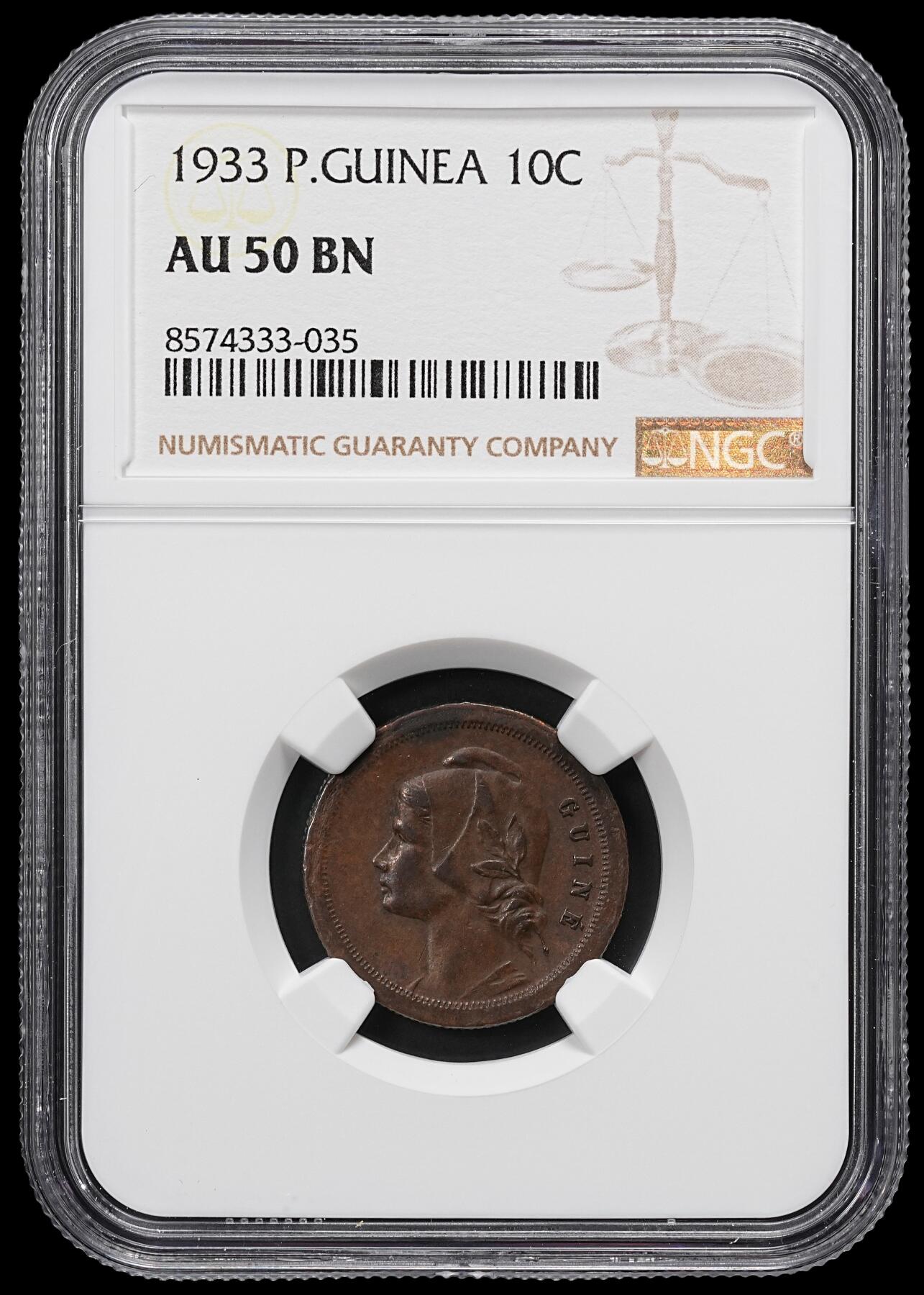 修遠堂世界钱币第九十六期 NGC AU50BN 1933年葡属几内亚比绍10分铜币 稀少品种 SBP XF40品成交价211美金