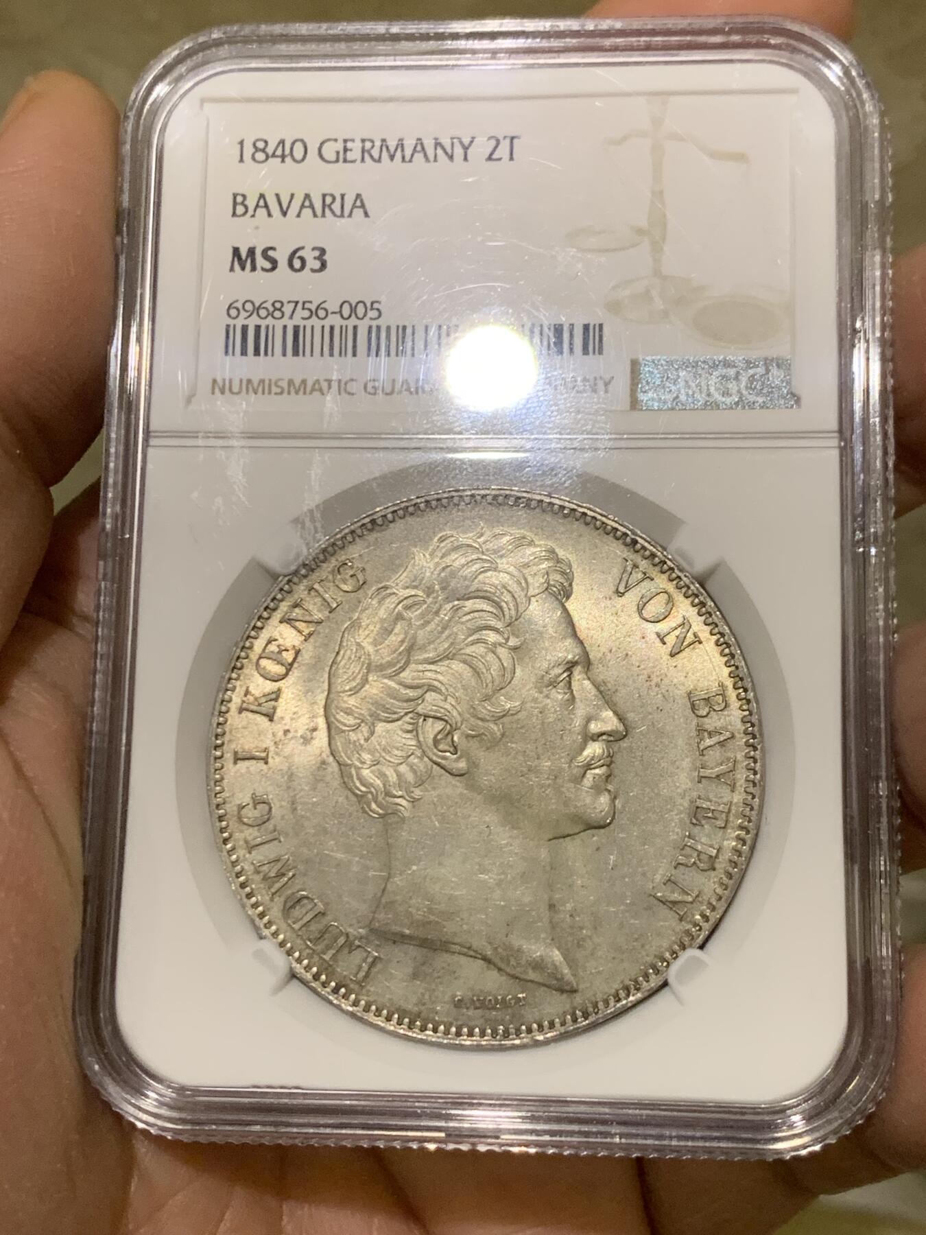 《竞宝斋》第444场 周日，周一，2场连拍 （全场包邮） NGC MS63 德国 1840年 巴伐利亚 路德维希一世 2泰勒 大银币 37克大规格 转光细节都极好 更高分只有3枚