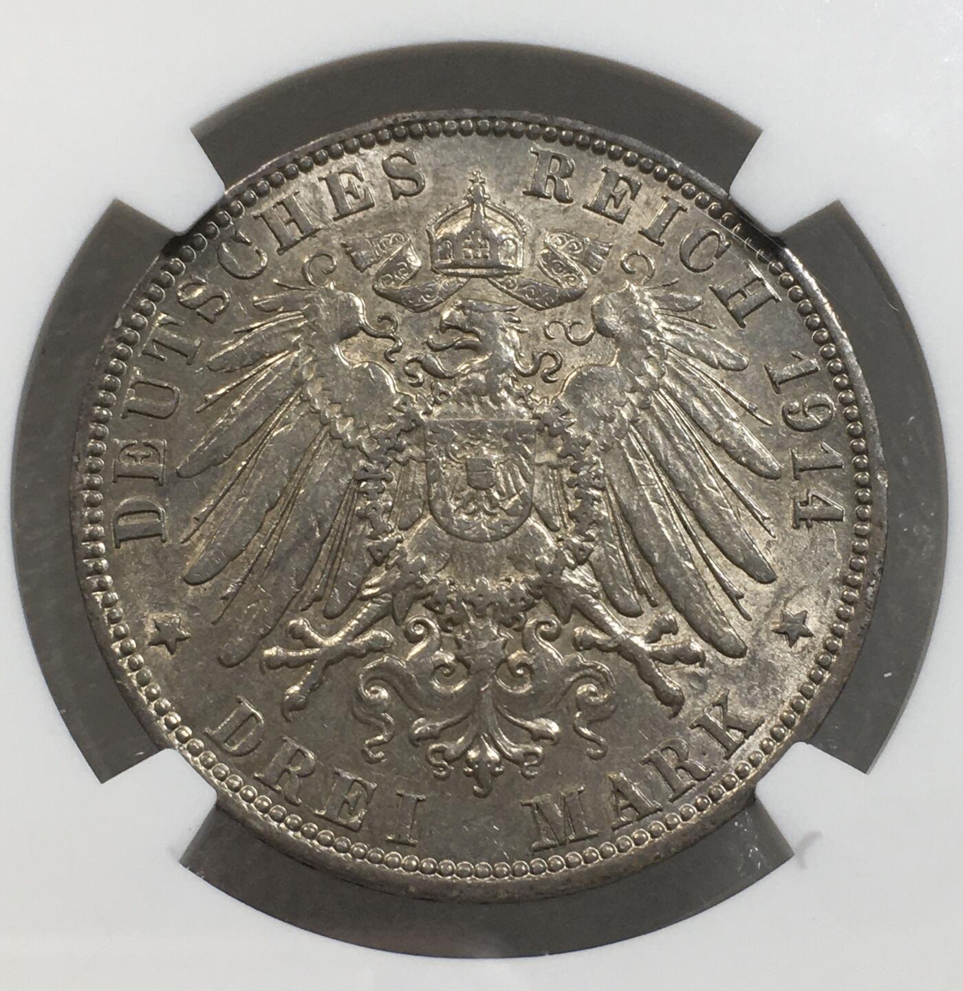 世界钱币专场拍卖 每周二开拍 NGC AU 1914年德国汉堡自由市双狮3马克流通银币
