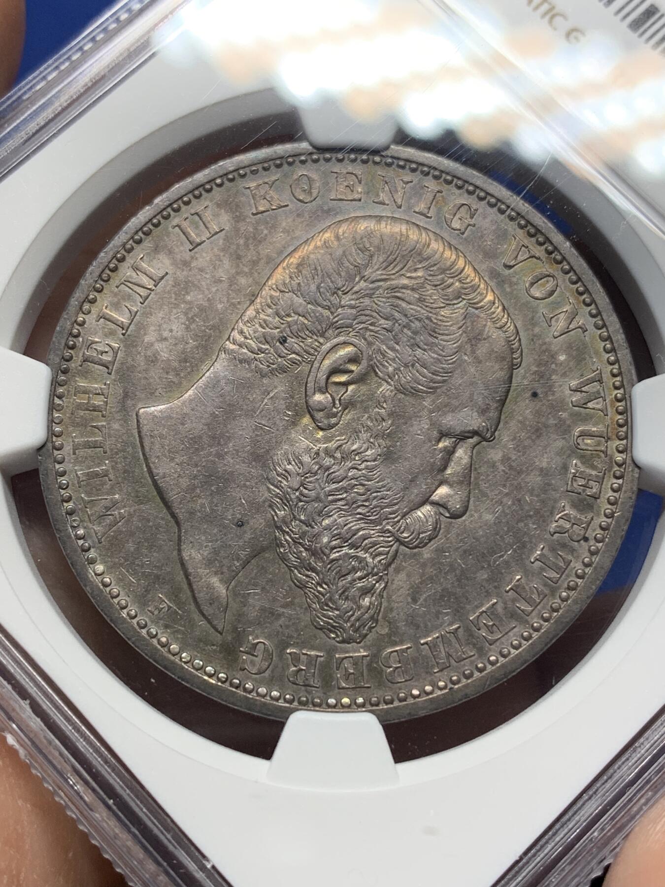 《竞宝斋》第444场 周日，周一，2场连拍 （全场包邮） NGC AUD 德国 1908F 符腾堡威廉二世5马克大银币 双面深包浆