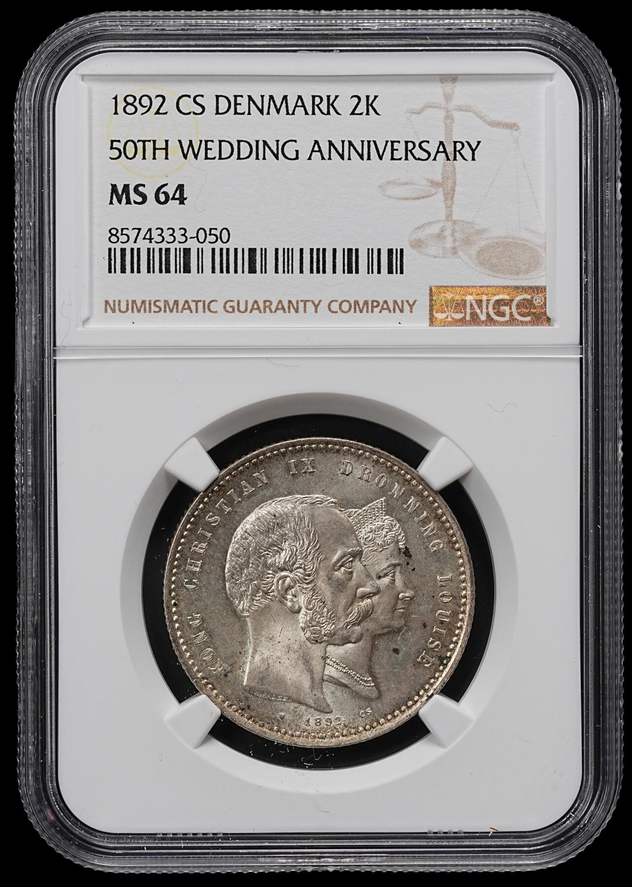 修遠堂世界钱币第九十六期 NGC MS64 1892年丹麦国王金婚纪念2克朗银币