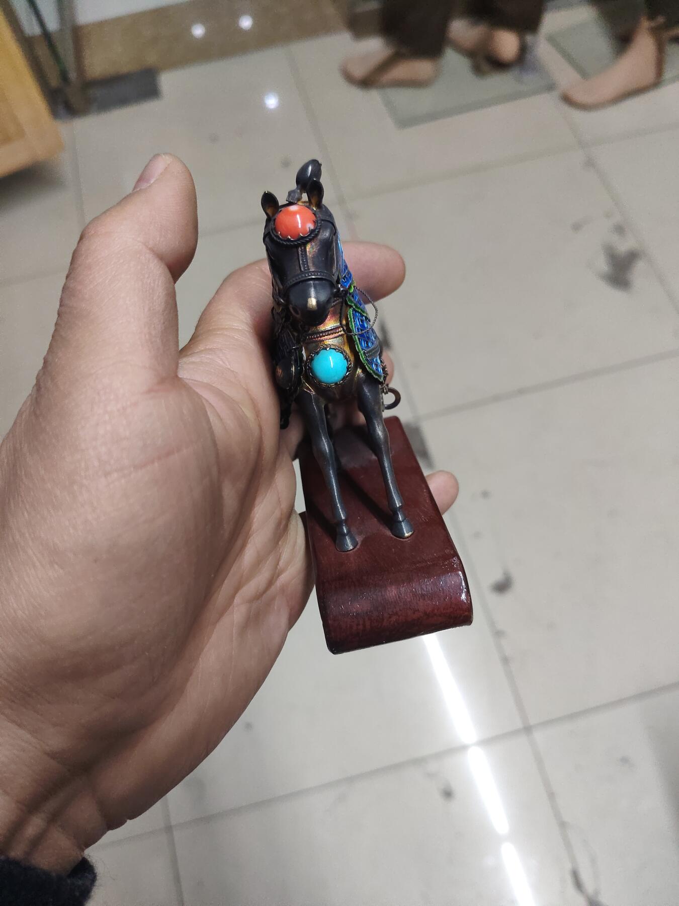 老银件 中国出口创汇银珐琅镶宝银制马