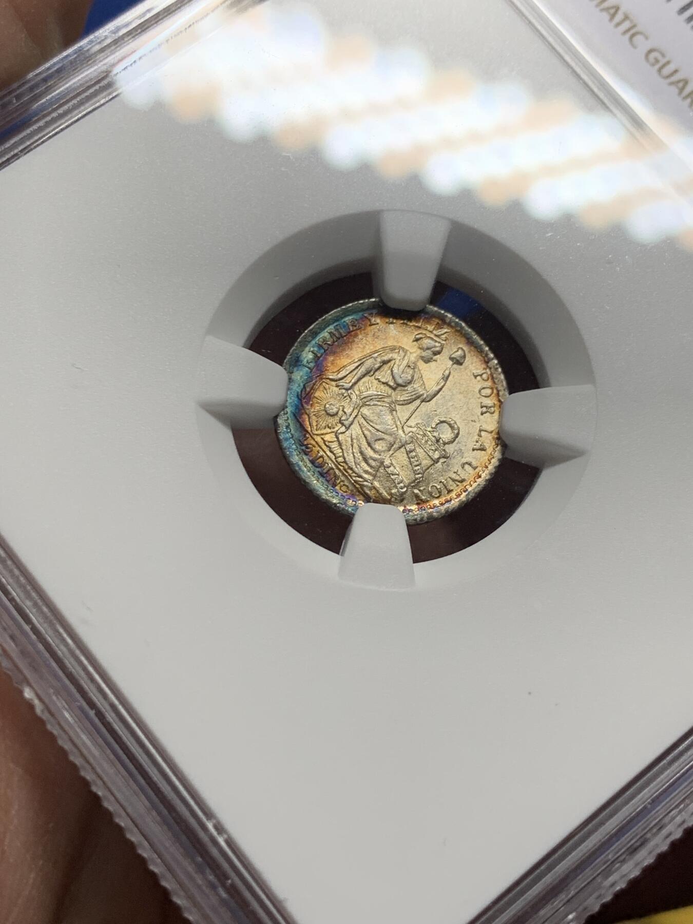 《竞宝斋》第444场 周日，周一，2场连拍 （全场包邮） NGC MS64 秘鲁1903年1/2蒂娜尔银币，双面带有月牙蓝彩包浆，十分亮眼的一枚，早期年份少见