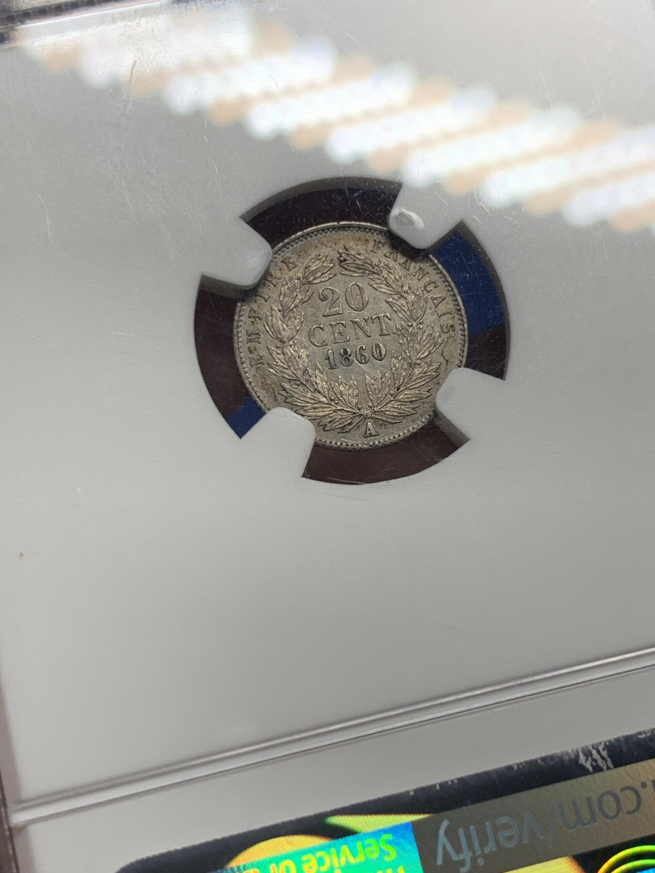 《竞宝斋》第444场 周日，周一，2场连拍 （全场包邮） NGC UNC 法国1860年拿破仑三世20分银币，好品小币种。