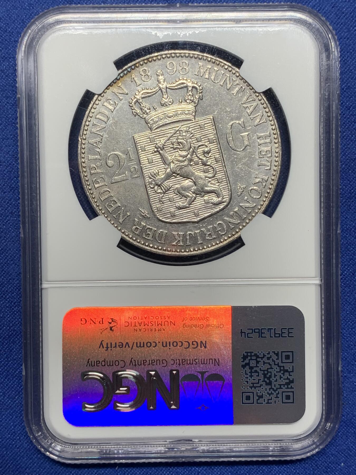 《竞宝斋》第444场 周日，周一，2场连拍 （全场包邮） NGC AU55 荷兰1898威廉明娜女王少女头像2.5盾大银币 单年版