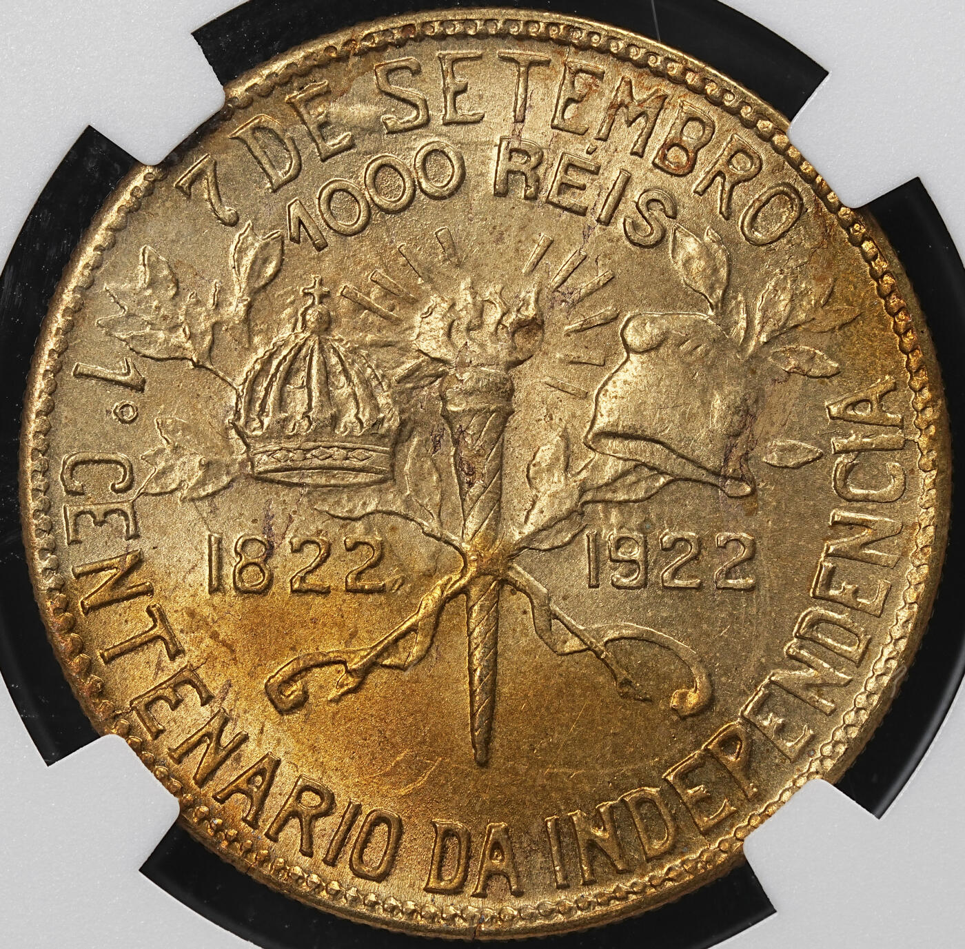 修遠堂世界钱币第九十六期 NGC MS64 1922年巴西独立100周年纪念1000 REIS