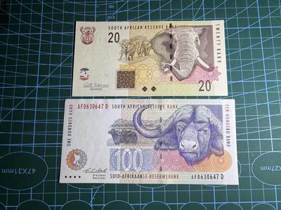 【炜奕收藏】，第五十二期 - 南非20&100兰特，UNC-/UNC品相，100兰特有一个针孔，包含一张无47