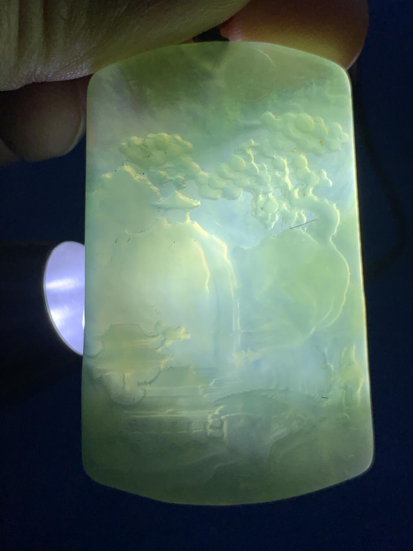 《竞宝斋》第444场 周日，周一，2场连拍 （全场包邮） 玉质山水牌一对，基本尺寸约51MM*30MM，总重约43.2克，透明度高