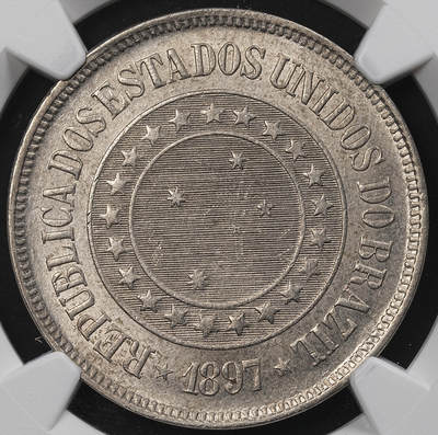 修遠堂世界钱币第九十六期 - NGC MS63 1897年巴西200 REIS 盒子年份标识有误