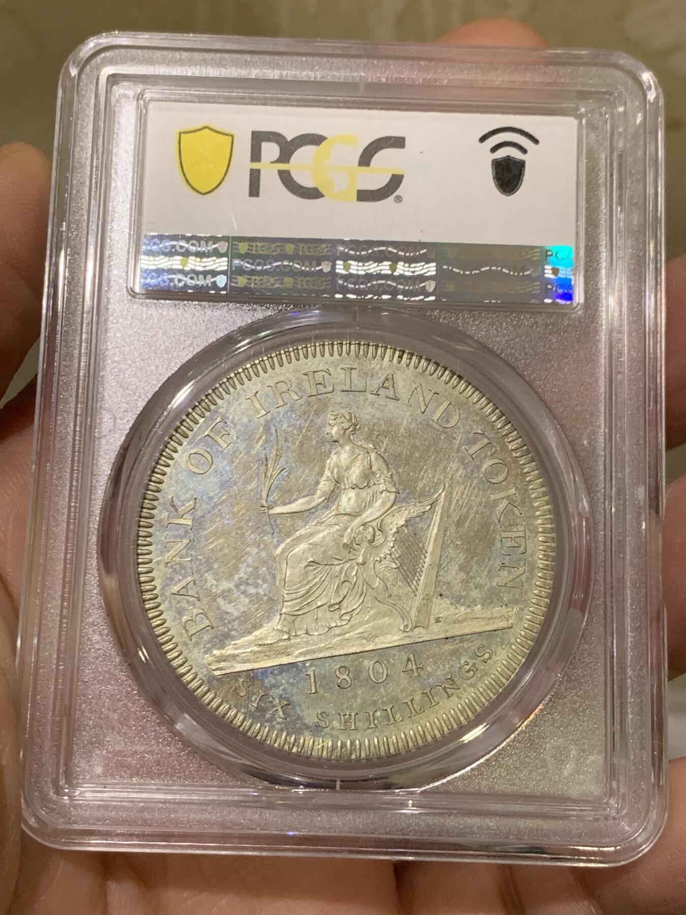 《竞宝斋》第444场 周日，周一，2场连拍 （全场包邮） PCGS PR63CAM 爱尔兰银行1804年乔治三世6先令银币，Cameo镜面底板美不胜收。