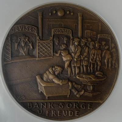 掌中浮雕-藏着的欧洲第044场 - NGC MS63 : 1924年银行“关怀与喜悦”铜章，63mm，卡尔.哥茨作品 