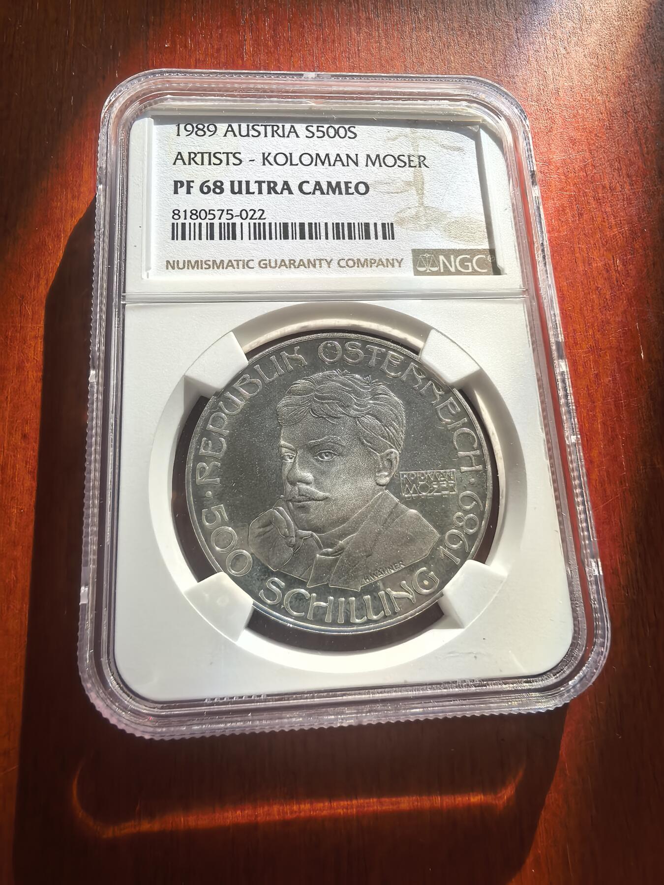 长老汇蛇年精选第七十八场拍卖 1989 奥地利艺术家 - 科洛曼·莫瑟500先令精制银币，NGC PF68UC，唯一冠军