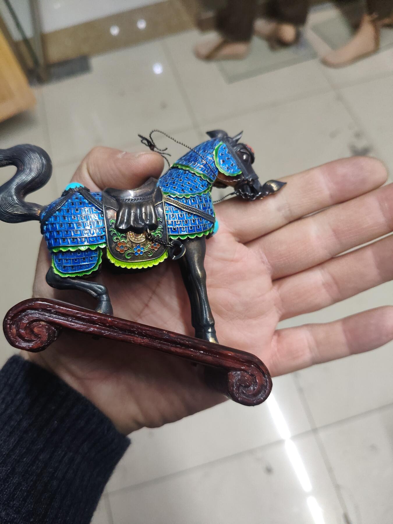 老银件 中国出口创汇银珐琅镶宝银制马